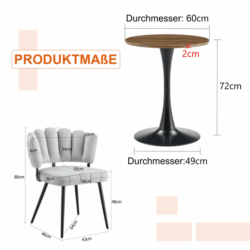 Conjunto de mesa e cadeiras de 60 cm - Mesa redonda em MDF com pernas pretas + 2 cadeiras cinza claro com encosto em forma de pétala e pernas de metal pretas - Cinza claro, nogueira + preto