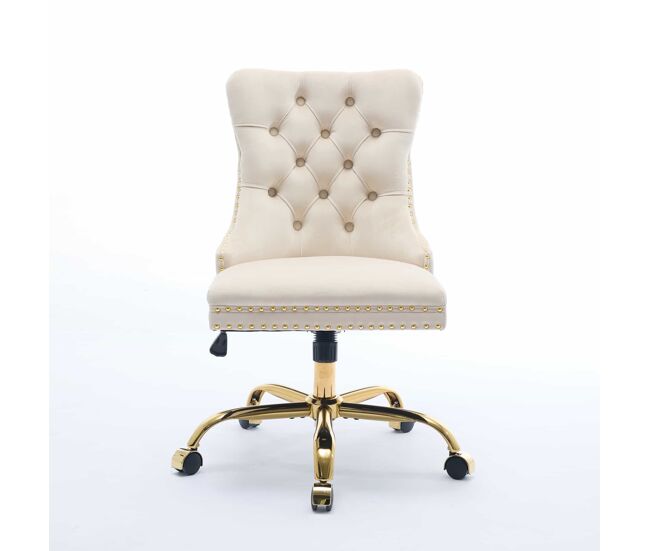 Silla de oficina - ajustable, tapizada en terciopelo con botones, base metálica dorada - beige