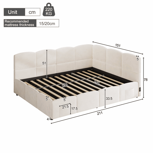 Cama estofada multifuncional 140x200 cm - com base de ripas, porta-carregador USB, bolso de arrumação, cama infantil, cama juvenil, cama de dia e sofá-cama, veludo - bege