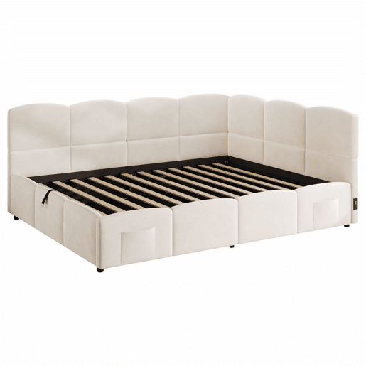 Cama estofada multifuncional 140x200 cm - com base de ripas, porta-carregador USB, bolso de arrumação, cama infantil, cama juvenil, cama de dia e sofá-cama, veludo - bege