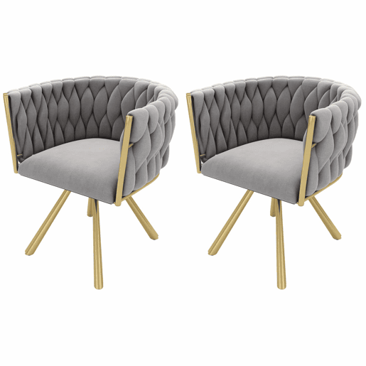 Conjunto de 2 cadeiras giratórias de veludo com braços - pernas de metal dourado - Cinzento