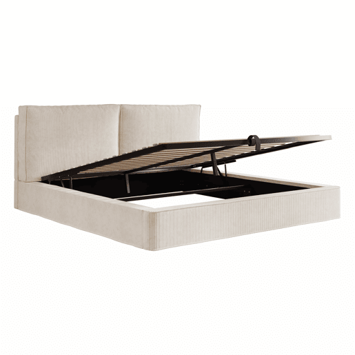 Cama de casal estofada 180x200 cm - baú com abertura hidráulica, com base de ripas e cabeceira acolchoada - bege em veludo