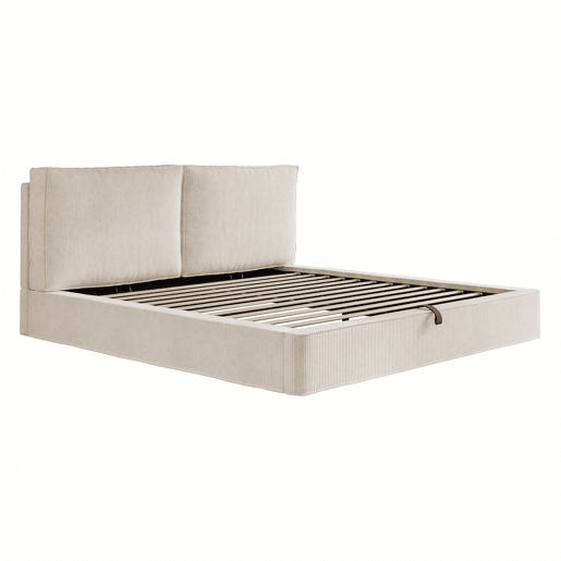 Cama de casal estofada 180x200 cm - baú com abertura hidráulica, com base de ripas e cabeceira acolchoada - bege em veludo