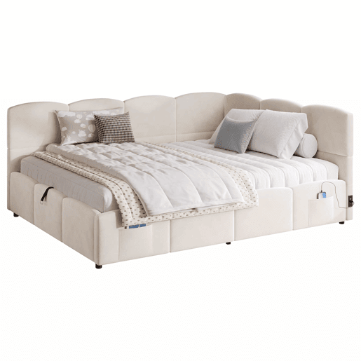 Cama estofada multifuncional 140 x 190 cm - com base de colchão, porta USB, arrumação, bolsos laterais, sofá-cama, veludo - bege