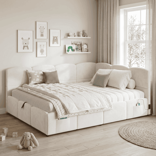 Cama estofada multifuncional 140 x 190 cm - com base de colchão, porta USB, arrumação, bolsos laterais, sofá-cama, veludo - bege
