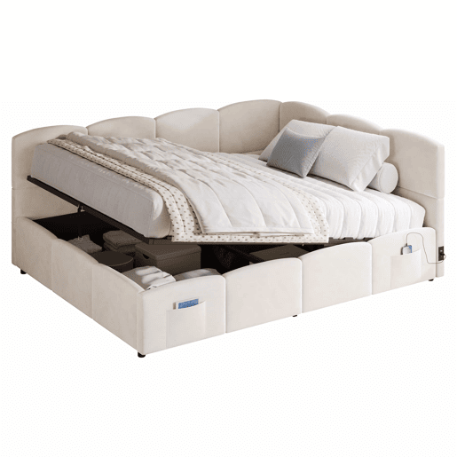 Cama estofada multifuncional 140 x 190 cm - com base de colchão, porta USB, arrumação, bolsos laterais, sofá-cama, veludo - bege
