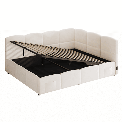 Cama estofada multifuncional 140 x 190 cm - com base de colchão, porta USB, arrumação, bolsos laterais, sofá-cama, veludo - bege