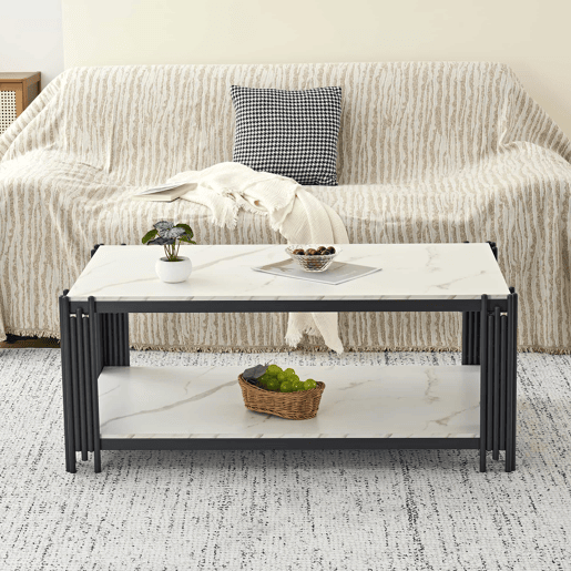 Mesa de centro 114 x 64 x 46 cm - retangular com pés de metal e tampo com efeito mármore, mobiliário moderno - preto e branco