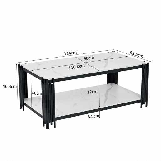 Mesa de centro 114 x 64 x 46 cm - retangular com pés de metal e tampo com efeito mármore, mobiliário moderno - preto e branco