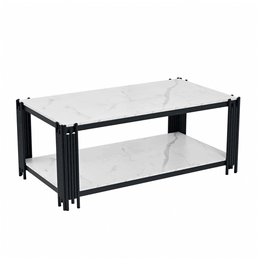 Mesa de centro 114 x 64 x 46 cm - retangular com pés de metal e tampo com efeito mármore, mobiliário moderno - preto e branco