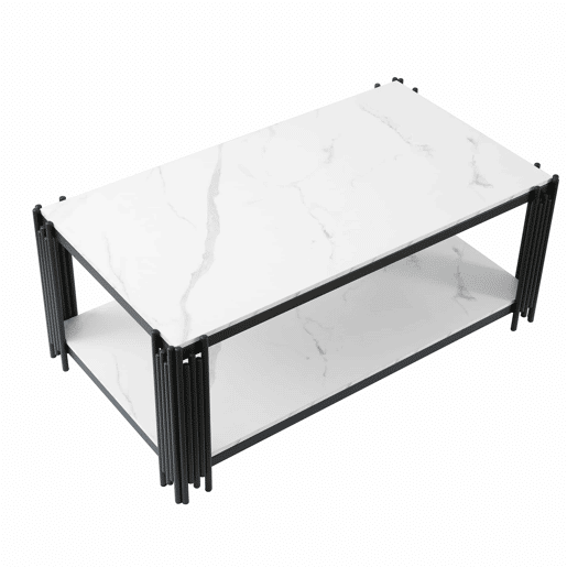 Mesa de centro 114 x 64 x 46 cm - retangular com pés de metal e tampo com efeito mármore, mobiliário moderno - preto e branco