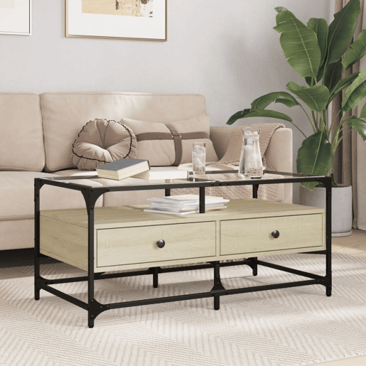 Mesa de Centro, Mesa baixa ctopo de vidro 98,5x50x45cm carvalho sonoma aço