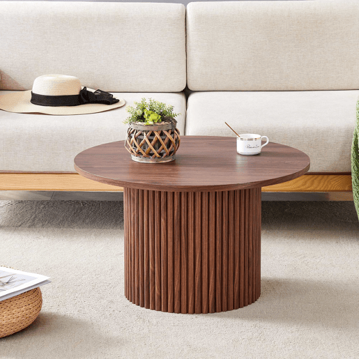Mesa de centro redonda de 70 cm - design canelado ao estilo das colunas romanas, estrutura metálica integrada, estilo retro de luxo para a sala de estar - cor nogueira
