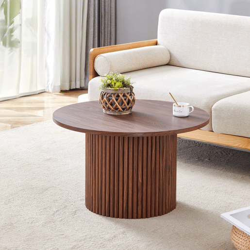 Mesa de centro redonda de 70 cm - design canelado ao estilo das colunas romanas, estrutura metálica integrada, estilo retro de luxo para a sala de estar - cor nogueira