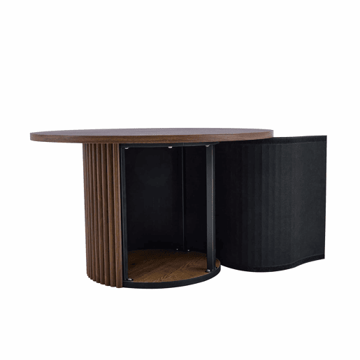Mesa de centro redonda de 70 cm - design canelado ao estilo das colunas romanas, estrutura metálica integrada, estilo retro de luxo para a sala de estar - cor nogueira