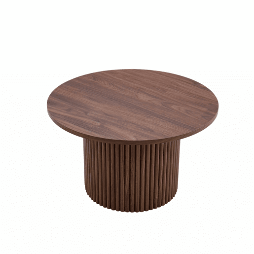 Mesa de centro redonda de 70 cm - design canelado ao estilo das colunas romanas, estrutura metálica integrada, estilo retro de luxo para a sala de estar - cor nogueira
