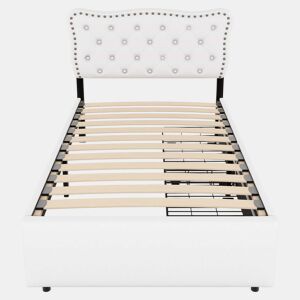 Cama estofada em tecido de linho com 2 gavetas - 90x200 cm - cabeceira decorada com rebites - Bege
