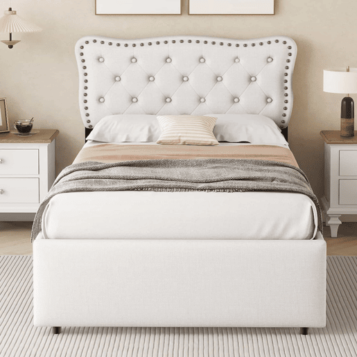 Cama estofada em tecido de linho com 2 gavetas - 90x200 cm - cabeceira decorada com rebites - Bege