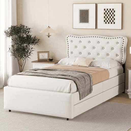 Cama estofada em tecido de linho com 2 gavetas - 90x200 cm - cabeceira decorada com rebites - Bege