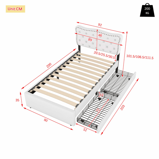 Cama estofada em tecido de linho com 2 gavetas - 90x200 cm - cabeceira decorada com rebites - Bege