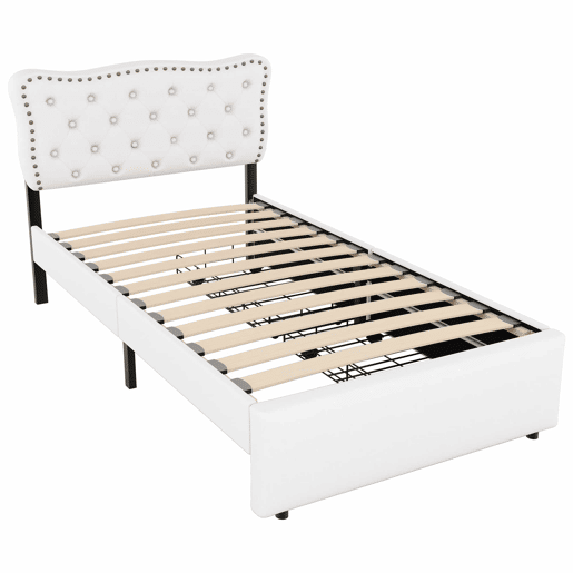 Cama estofada em tecido de linho com 2 gavetas - 90x200 cm - cabeceira decorada com rebites - Bege