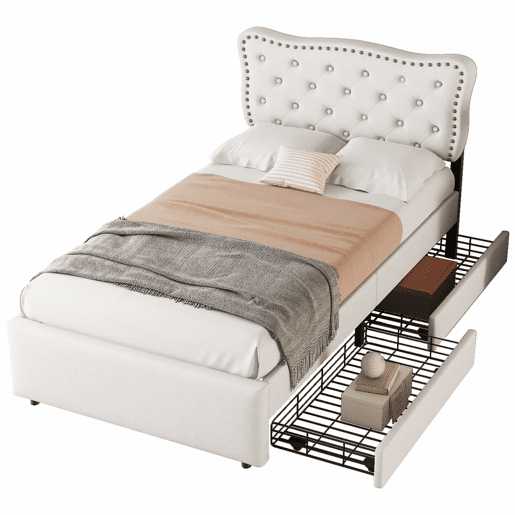 Cama estofada em tecido de linho com 2 gavetas - 90x200 cm - cabeceira decorada com rebites - Bege