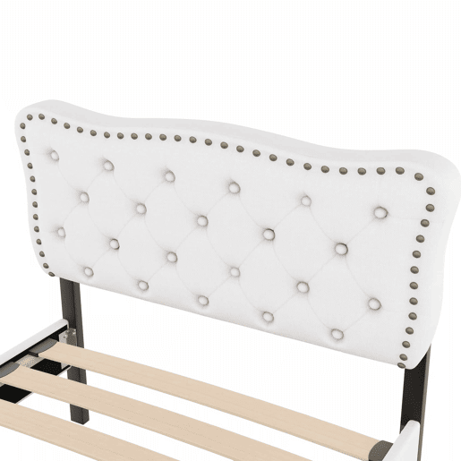 Cama estofada em tecido de linho com 2 gavetas - 90x200 cm - cabeceira decorada com rebites - Bege