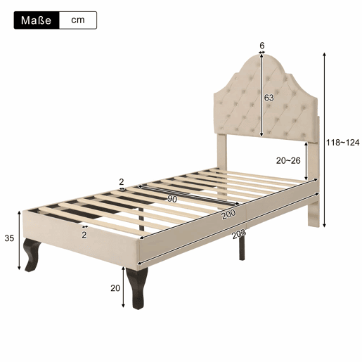 Cama estofada 90x200cm em veludo com cabeceira regulável + estrado de molas - Bege
