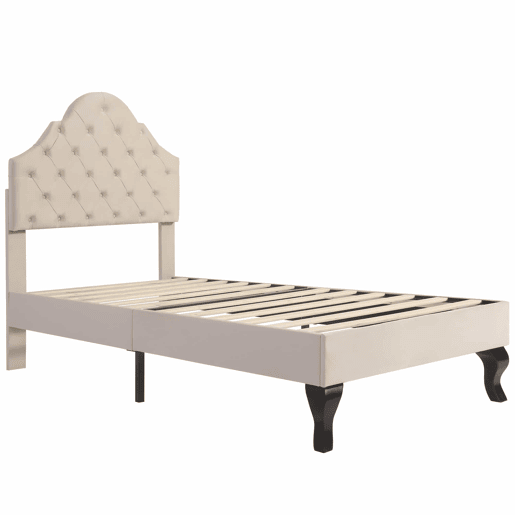 Cama estofada 90x200cm em veludo com cabeceira regulável + estrado de molas - Bege
