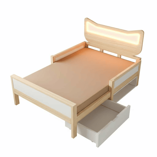 Cama infantil 90x190 cm - cabeceira com orelhas de gato, LED RGB, gaveta e espaço de arrumação reversível, com grades de segurança - branco e carvalho