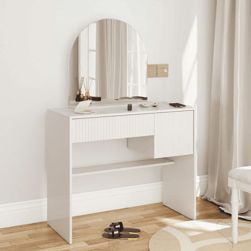 Penteadeira 135 x 90 x 40 cm - com espelho, gavetas e prateleiras abertas, design moderno - branco