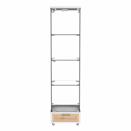 Vitrine moderna 167 x 42,5 x 36,5 cm - com gavetas e iluminação LED, prateleira em vidro temperado, 1 porta, 4 prateleiras - branca