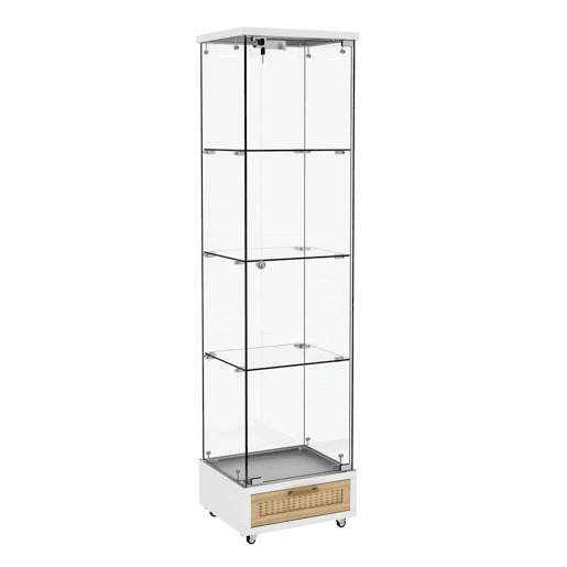 Vitrine moderna 167 x 42,5 x 36,5 cm - com gavetas e iluminação LED, prateleira em vidro temperado, 1 porta, 4 prateleiras - branca