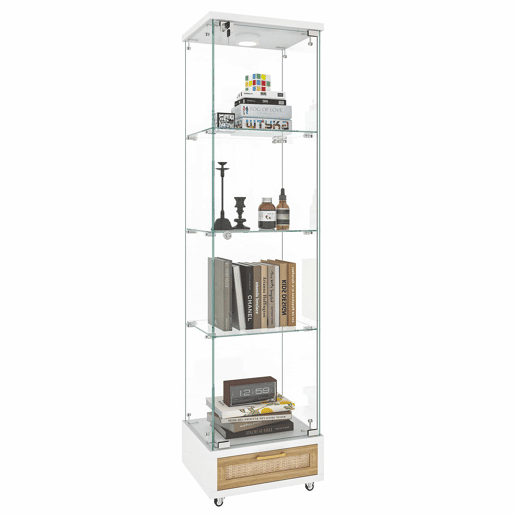 Vitrine moderna 167 x 42,5 x 36,5 cm - com gavetas e iluminação LED, prateleira em vidro temperado, 1 porta, 4 prateleiras - branca