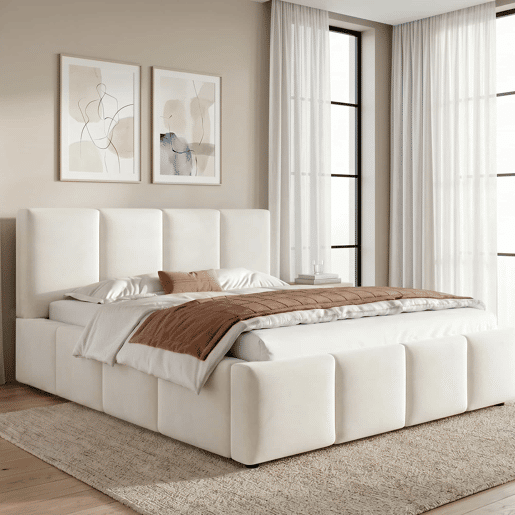 Cama estofada 180 x 200 cm - com base de colchão e cabeceira acolchoada - bege chenille