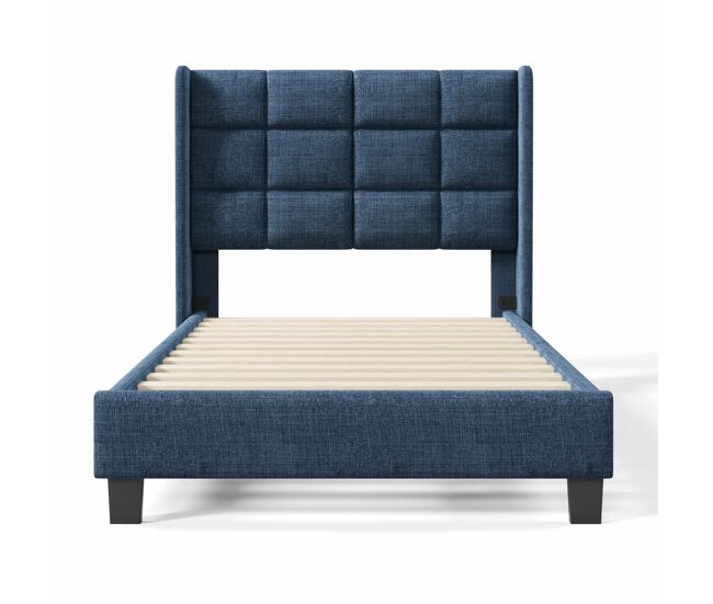 Cama tapizada en tela de lino - 90x200 cm - con cabecero y somier - azul