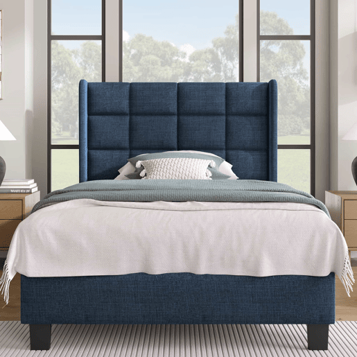 Cama estofada em tecido de linho - 90x200 cm - com cabeceira e estrado de molas - Azul