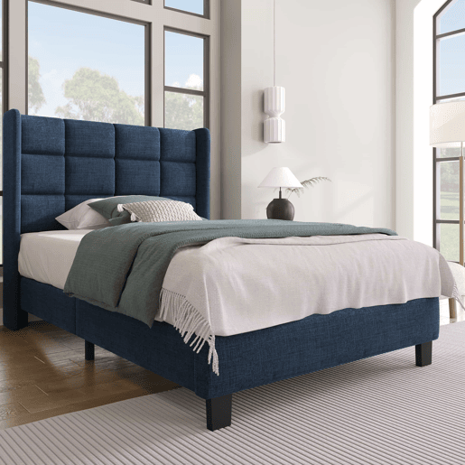 Cama estofada em tecido de linho - 90x200 cm - com cabeceira e estrado de molas - Azul