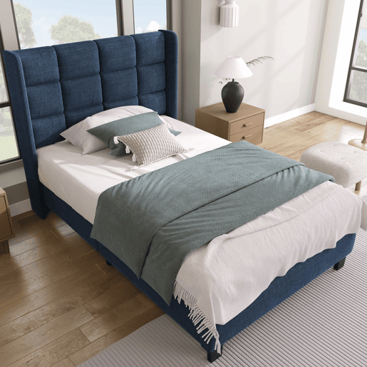 Cama estofada em tecido de linho - 90x200 cm - com cabeceira e estrado de molas - Azul
