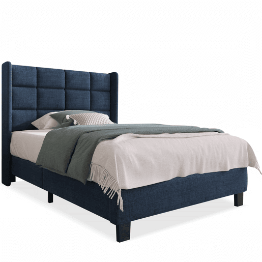 Cama estofada em tecido de linho - 90x200 cm - com cabeceira e estrado de molas - Azul