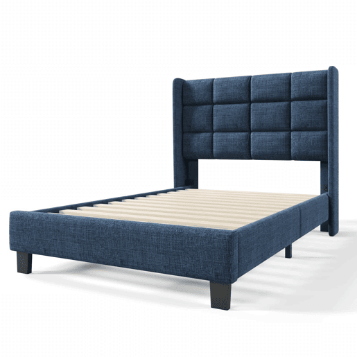 Cama estofada em tecido de linho - 90x200 cm - com cabeceira e estrado de molas - Azul