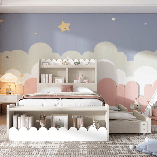 Cama individual em madeira 90x190cm - com 2 gavetas e prateleiras - Branco (colchão não incluído)