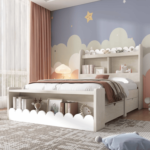 Cama individual em madeira 90x190cm - com 2 gavetas e prateleiras - Branco (colchão não incluído)