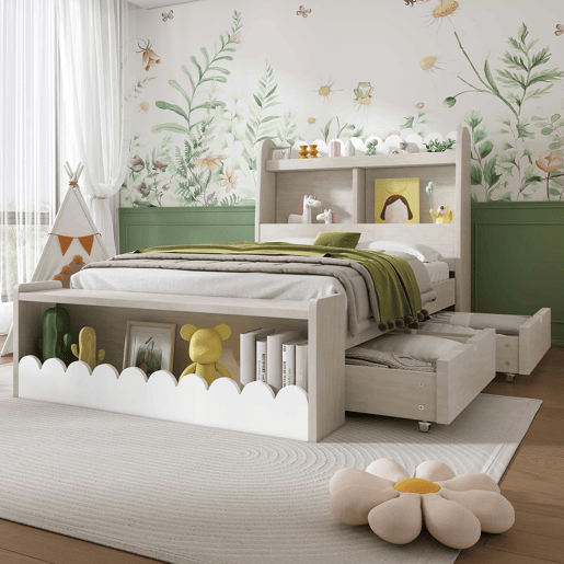 Cama individual em madeira 90x190cm - com 2 gavetas e prateleiras - Branco (colchão não incluído)