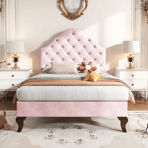 Cama estofada em veludo 90x200 cm com cabeceira regulável + estrado de molas - Rosa