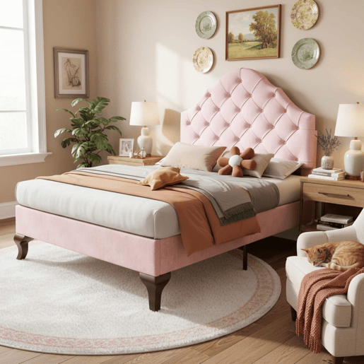 Cama estofada em veludo 90x200 cm com cabeceira regulável + estrado de molas - Rosa