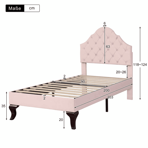Cama estofada em veludo 90x200 cm com cabeceira regulável + estrado de molas - Rosa