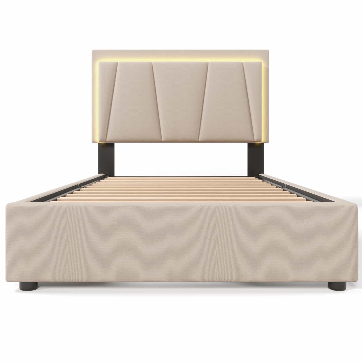 Cama tapizada 90x200cm en lino - con 2 cajones + led + somier - beige