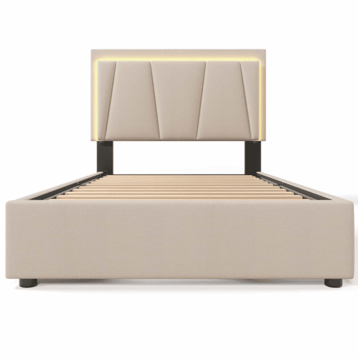 Cama estofada 90x200cm em linho - com 2 gavetas + LED + estrado - Bege