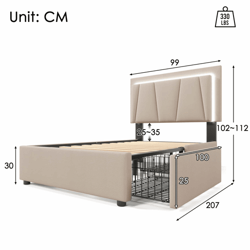 Cama estofada 90x200cm em linho - com 2 gavetas + LED + estrado - Bege